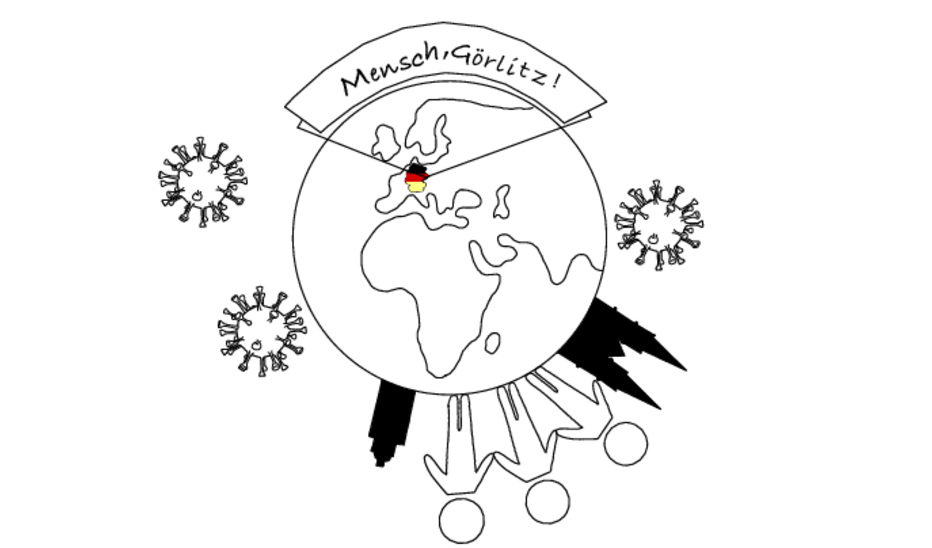 Grafik: HSZG/Lebensschule Görlitz Eine Grafik vom Planeten Erde in der Deutschland markiert ist und sich außerhalb Viren befinden.