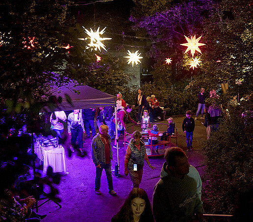 Leuchtende Herrnhuter Sterne hängen in Bäumen in einem Park am Zittauer Stadtring.