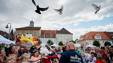Tauben fliegen über dem Publikum beim Friedensfest.
