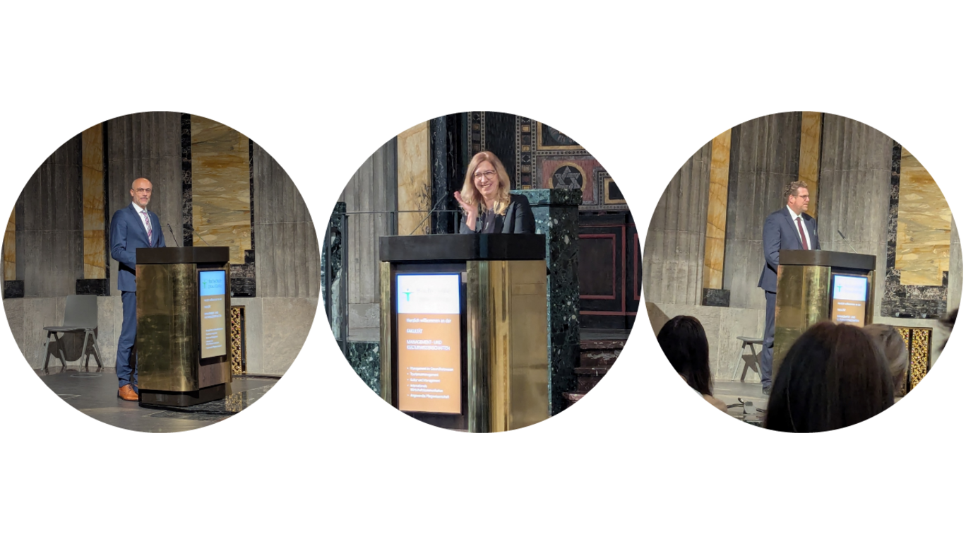 Drei separate runde Bildausschnitte zeigen jeweils einen Redner oder eine Rednerin an einem goldenen Rednerpult in einem mit Marmorsäulen und goldenen Wänden prächtig ausgestatteten Saal.